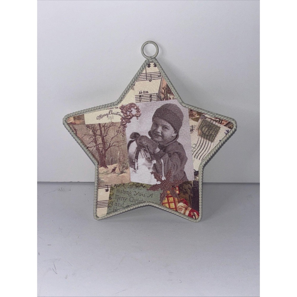 Metal Star Christmas Ornament With Vintage Inspired Collage Design 4.5"